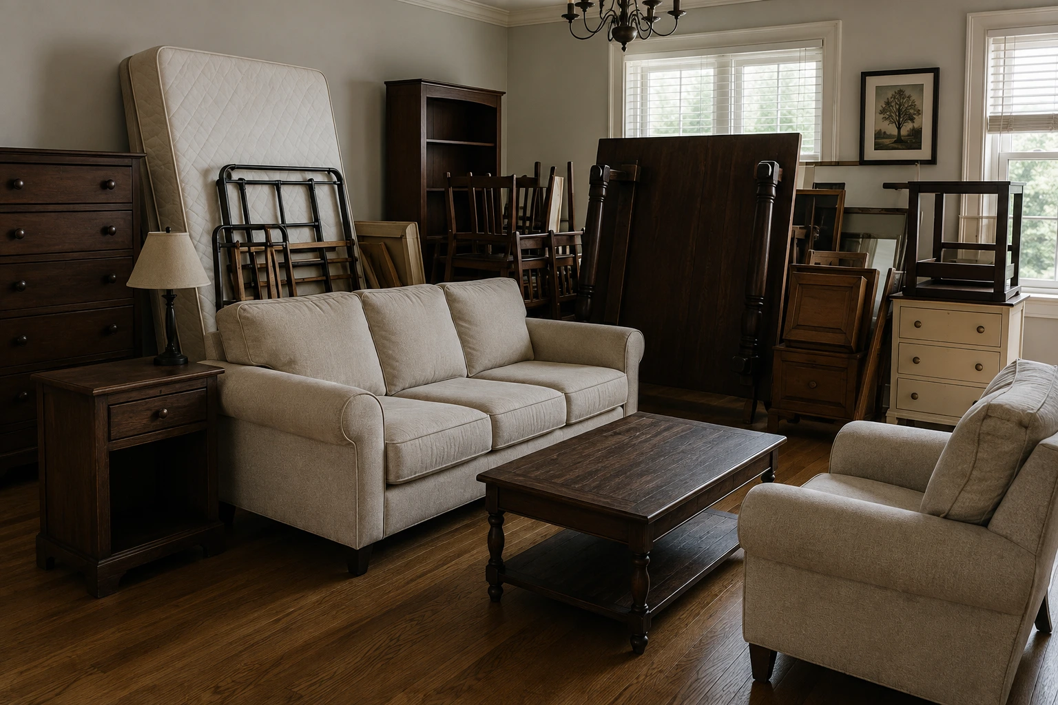 Sofa and furniture ready for removal in a Dubai home