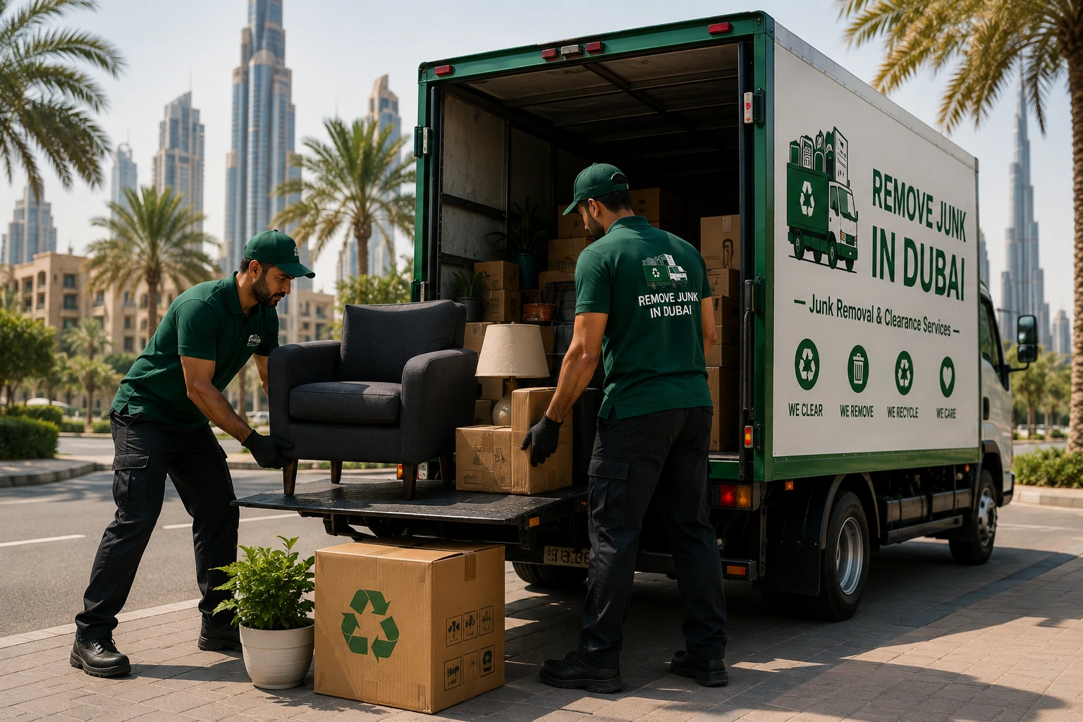 Junk pickup Dubai team loading unwanted furniture into a green removal truck
