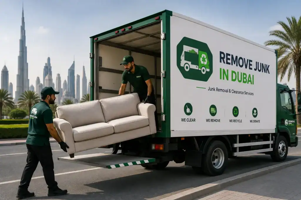 Professional junk removal team in Dubai loading furniture onto a branded removal truck