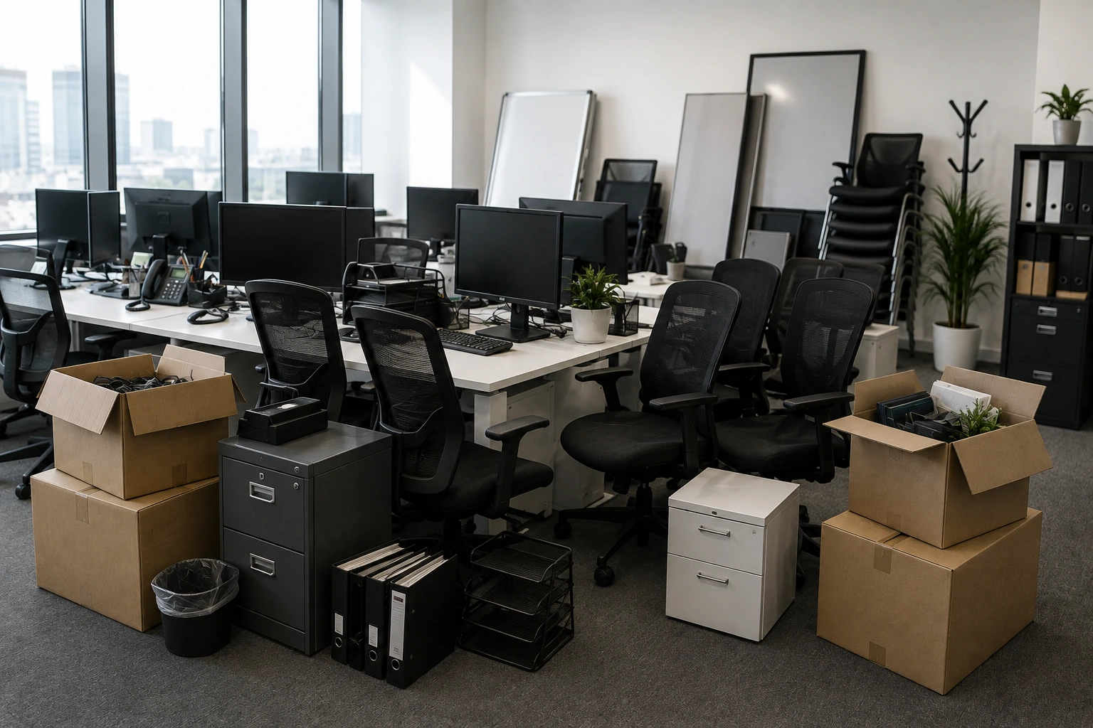Office desks and chairs ready for office clearance in Dubai