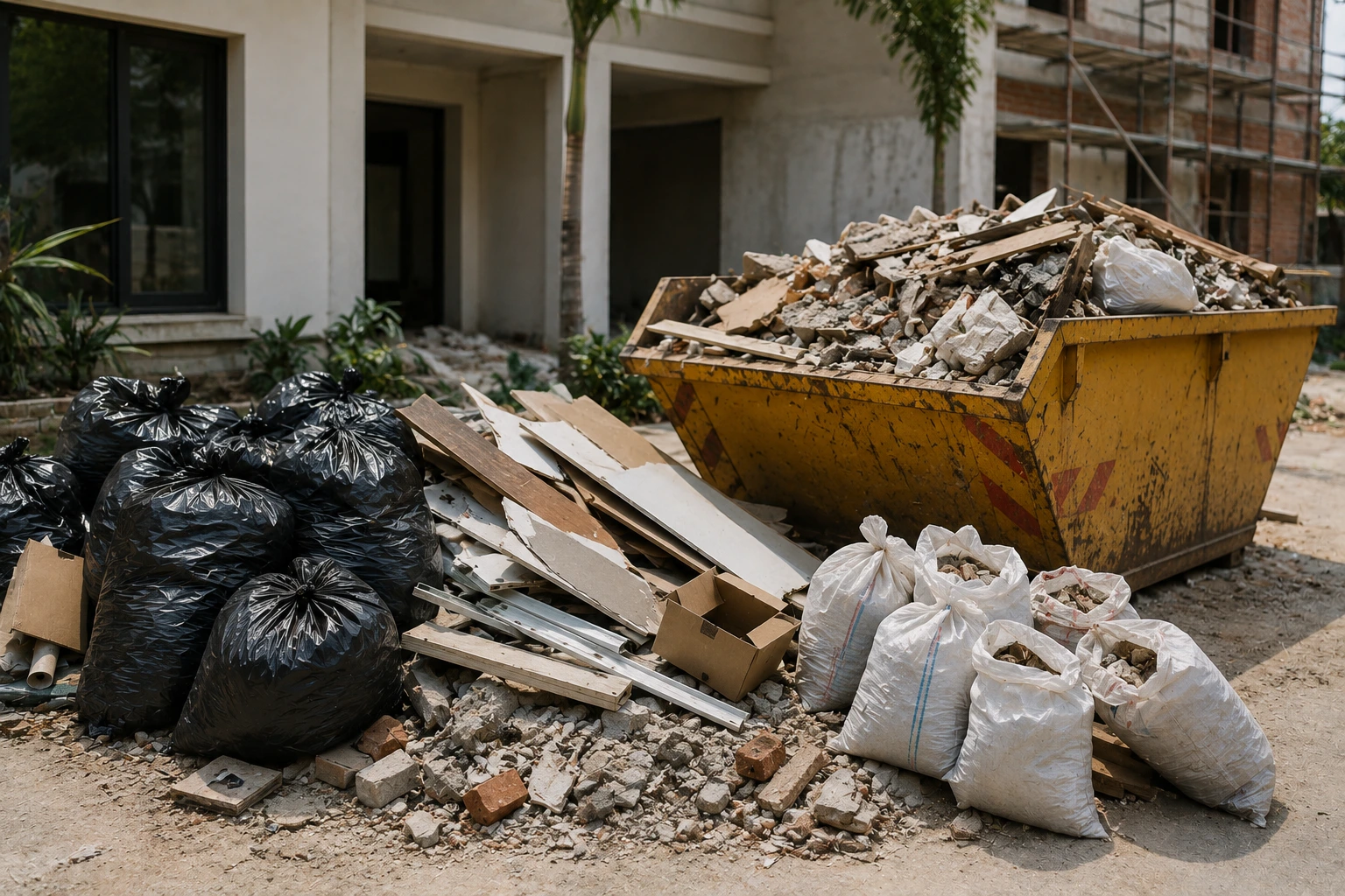 Rubbish and construction debris piled for removal